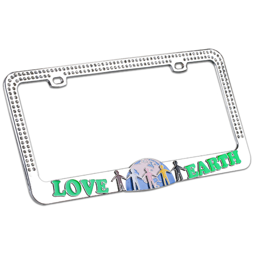 "LOVE EARTH" Chrome Metal License Plate Frame & Clear Crystals